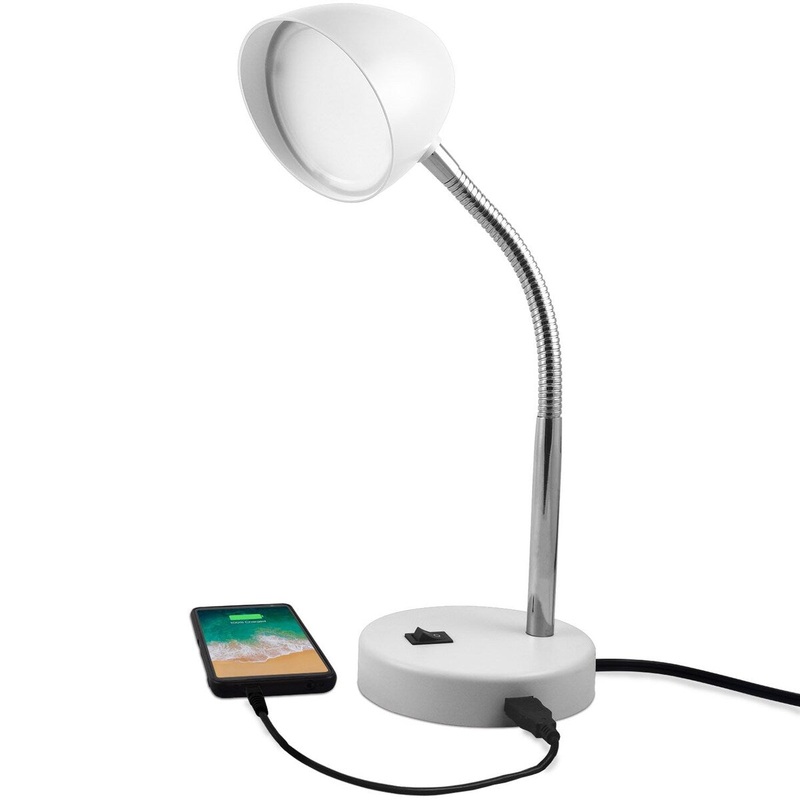 MaxLite LED Desk Lamp with USB Charging Port, White Desk Lamp, Adjustable Neck, On/Off Switch, Warm Gentle Light