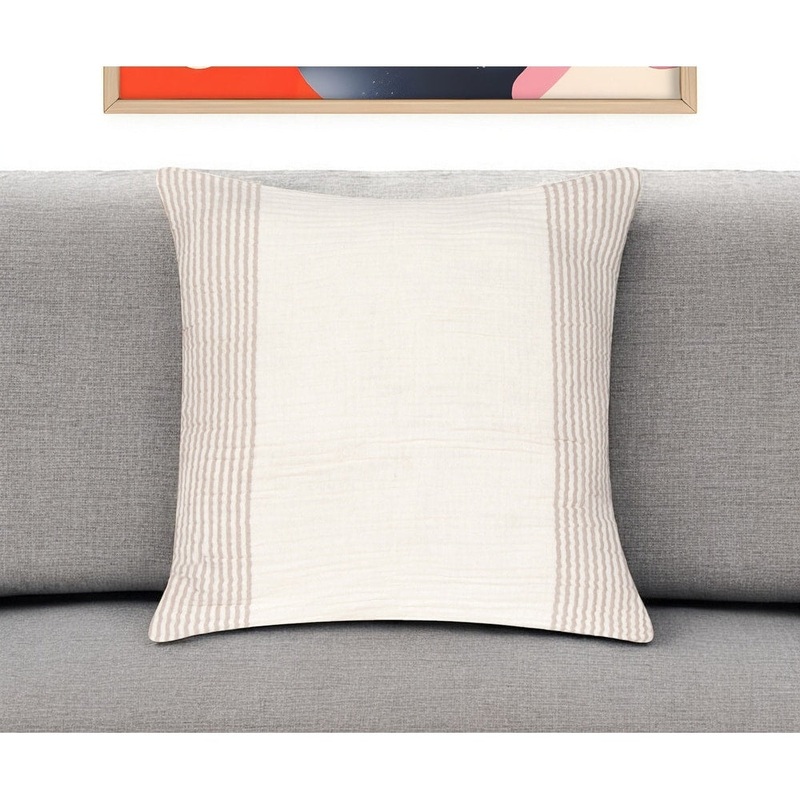22" Beige and Ivory Striped Cotton Throw Pillow