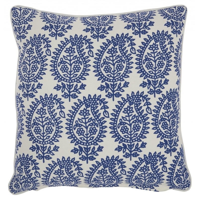 Blue and Ivory Bohemian Paisley Throw Pillow