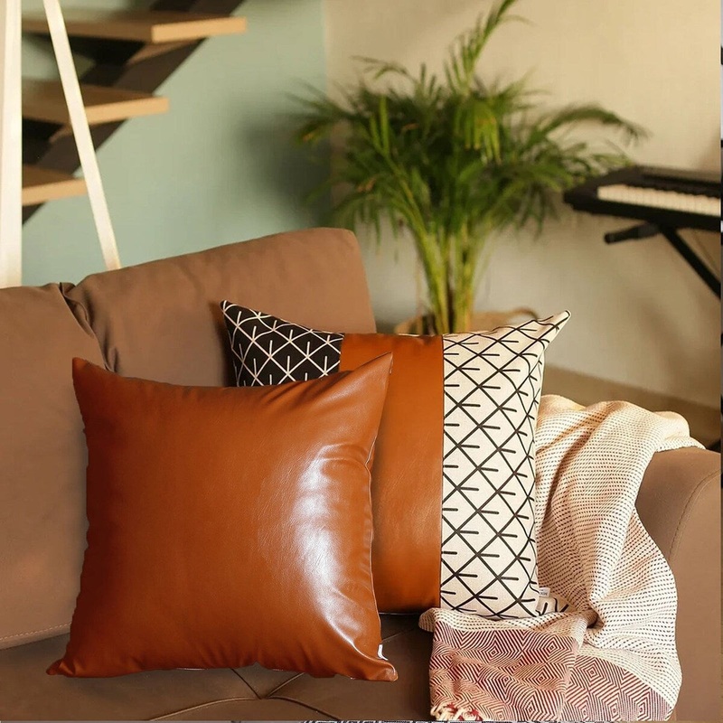 Bohemian Mixed Set of 2 Vegan Faux Leather Brown Geometric Throw Pillow Cover
