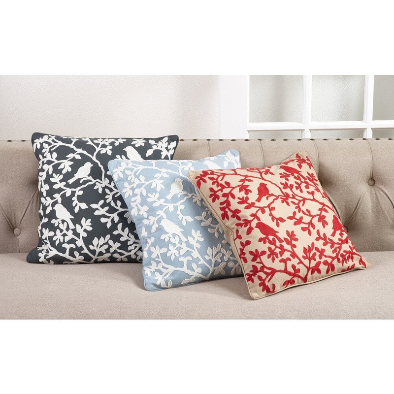 Bird Branch Embroidered Cotton Down Filled Throw Pillow