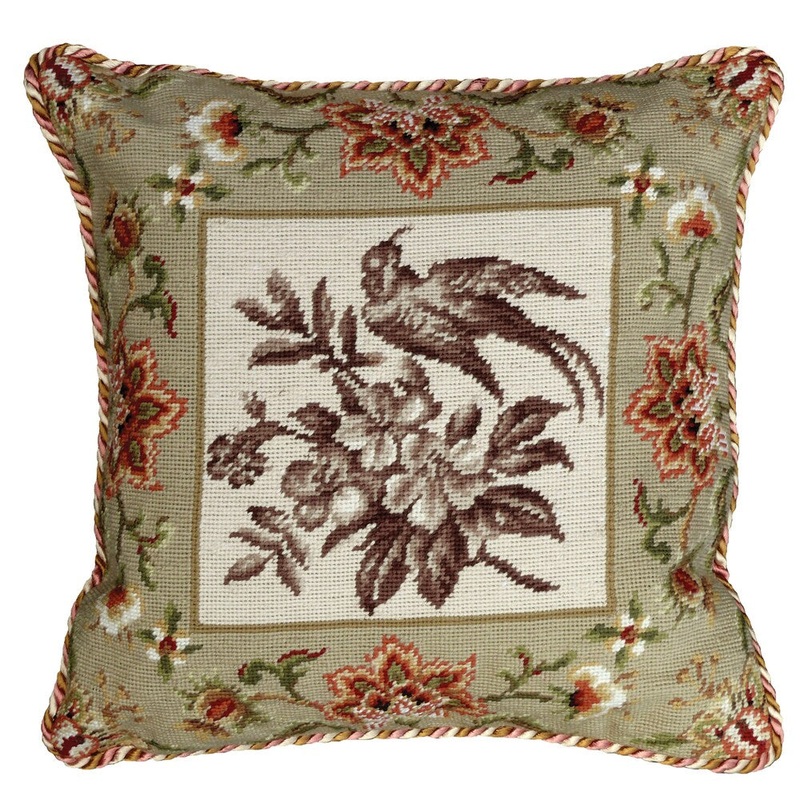 Bird-Taupe Needlepoint 18-inch Decorative Pillow