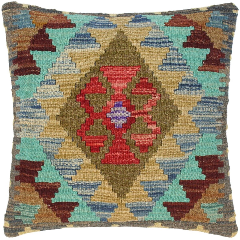 Bohemian Reuben Hand-Woven Turkish Kilim Throw Pillow 18 in. x 18 in.