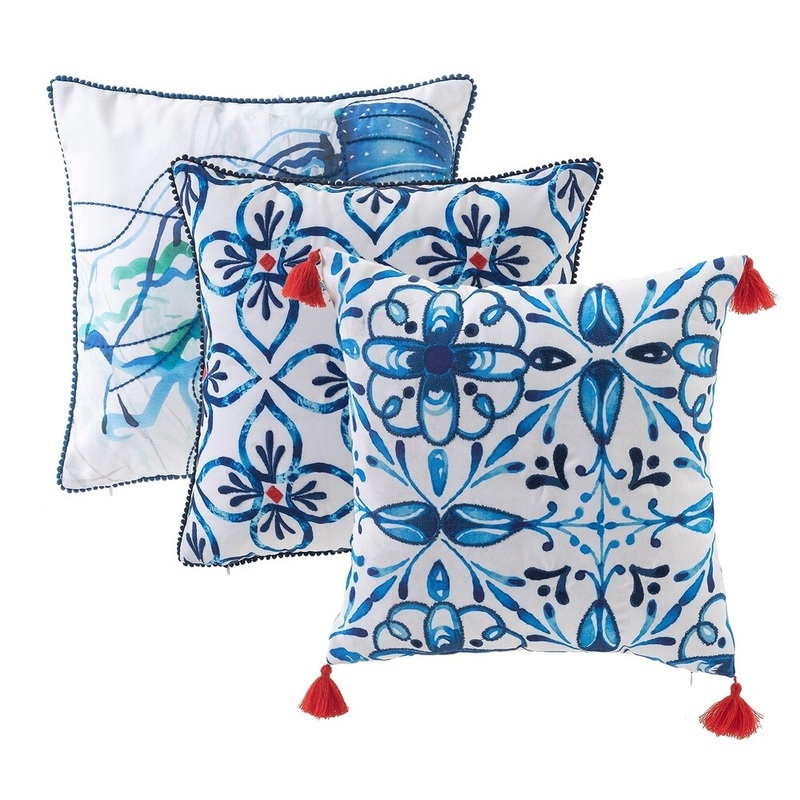 Blue and White Tile and Creature Embroidered Outdoor Pillow Cover 17"X 17",Set of 3