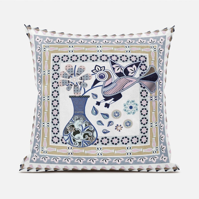 20" X 20" Beige and White Peacock Broadcloth Floral Zippered Pillow