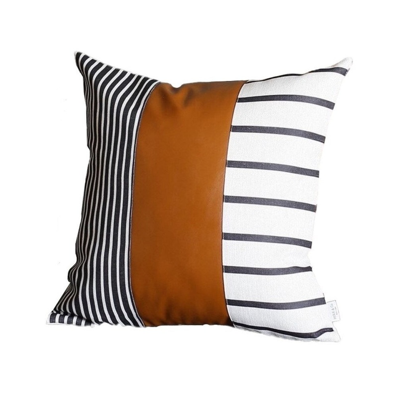 20" X 20" Black And White Stripes And Faux Leather Pillow Cover