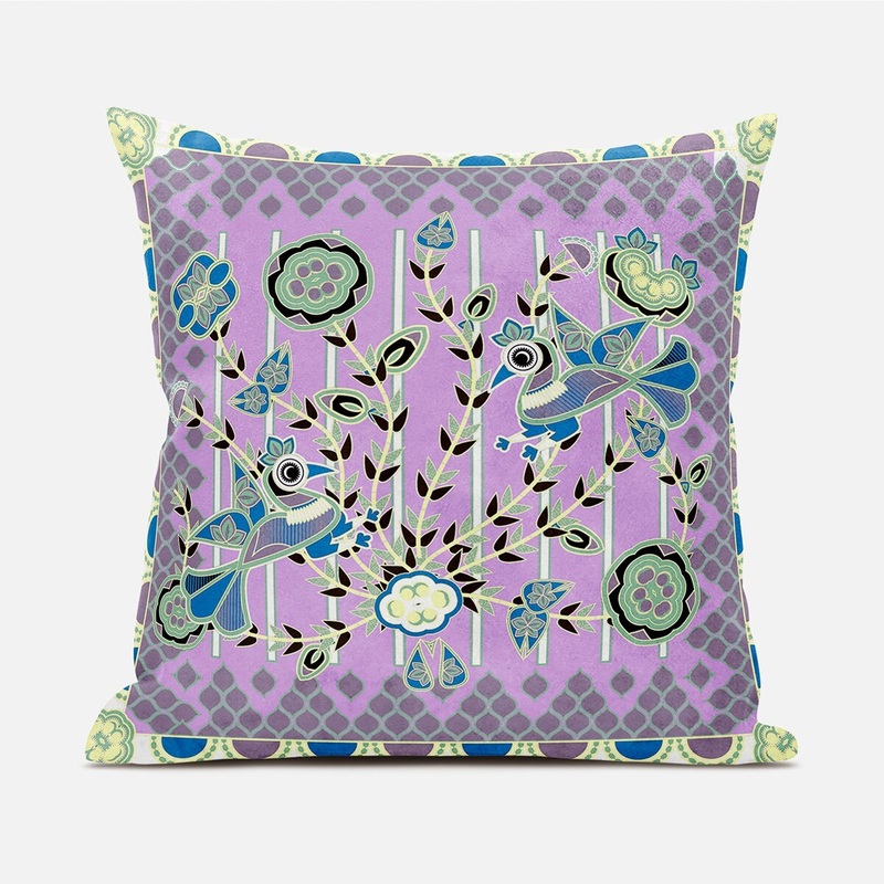 20" X 20" Purple and Black Peacock Broadcloth Floral Zippered Pillow