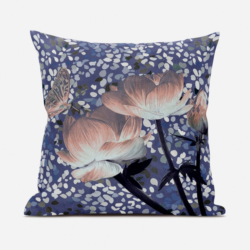 20" X 20" Blue and Gray Butterfly Broadcloth Floral Zippered Pillow