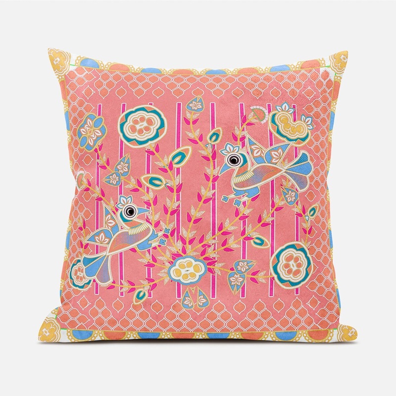 20" X 20" Yellow and Peach Peacock Broadcloth Floral Zippered Pillow