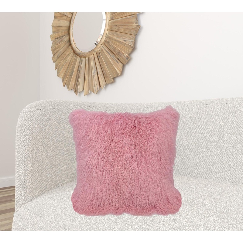 24" Pink Genuine Tibetan Lamb Fur Pillow With Microsuede Backing