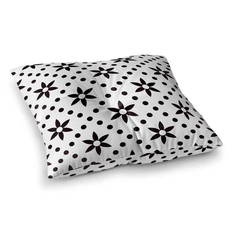 Black Flowers With White Dots Floor Pillow