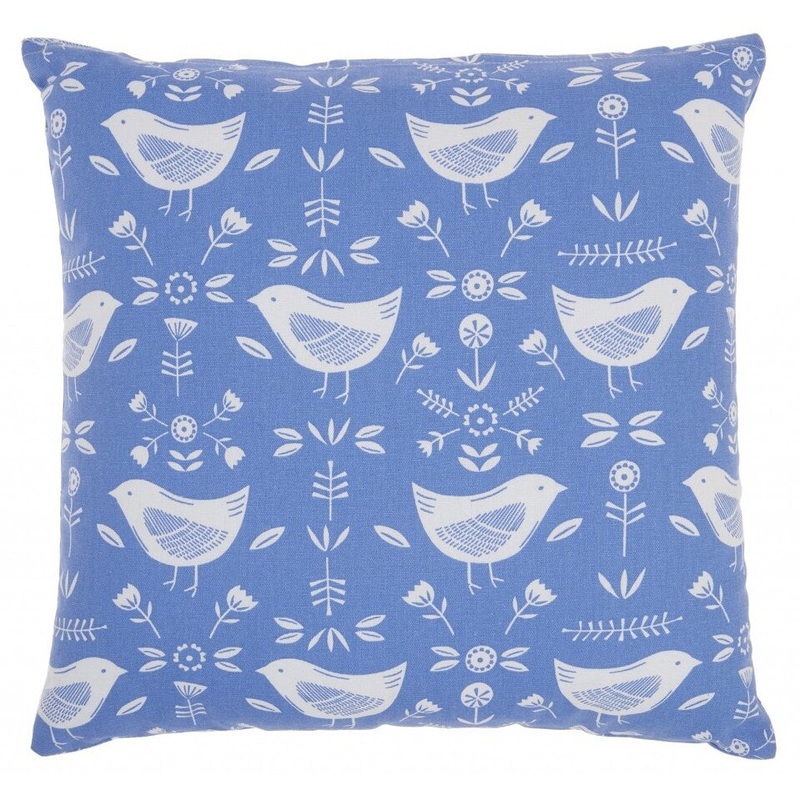 Blue and Ivory Birds and Buds Throw Pillow