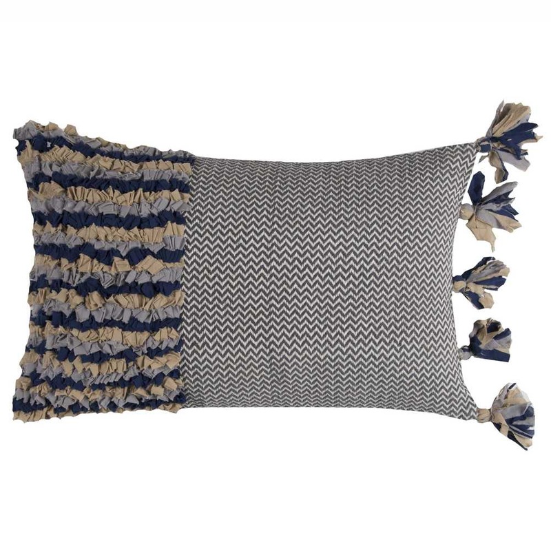 Blue Color-block Multicolor Cotton Tasseled Throw Pillow