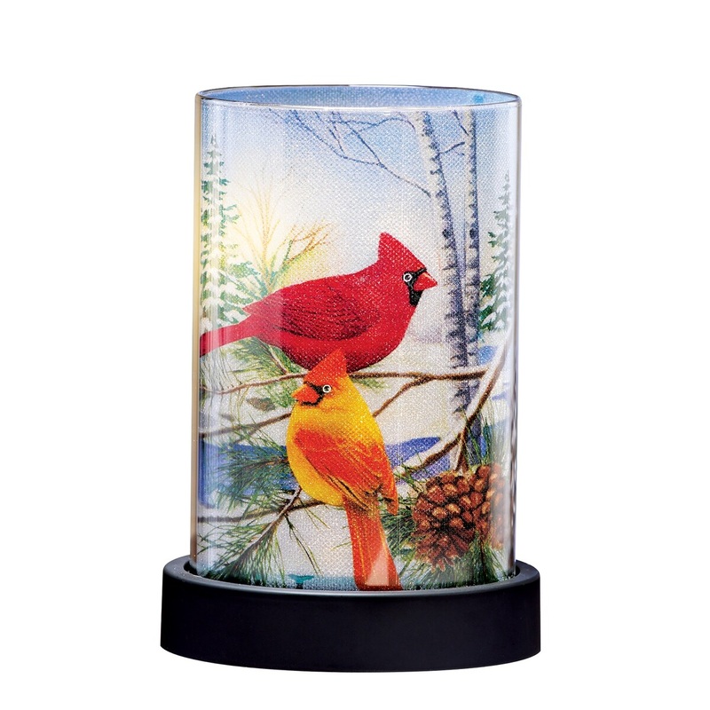 Battery-Operated Sparkling Cardinal Winter Hurricane Lamp - Red - 4.5 x 6.75 x 4.5