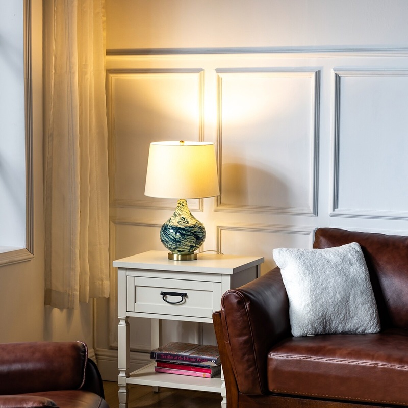 Table Lamp 20" Modern LED Bedside Table Lamp, Linen Shade, Glass Base