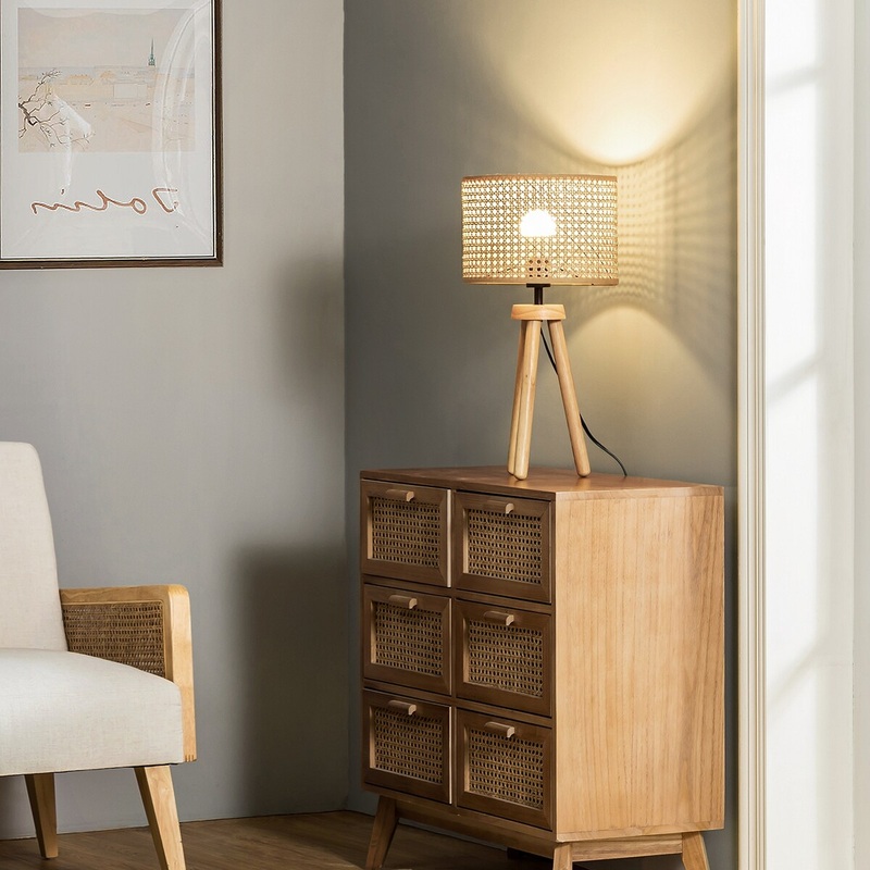 Table Lamp Solid Wood Rattan 21.3" Table Lamp, In-line Switch Control