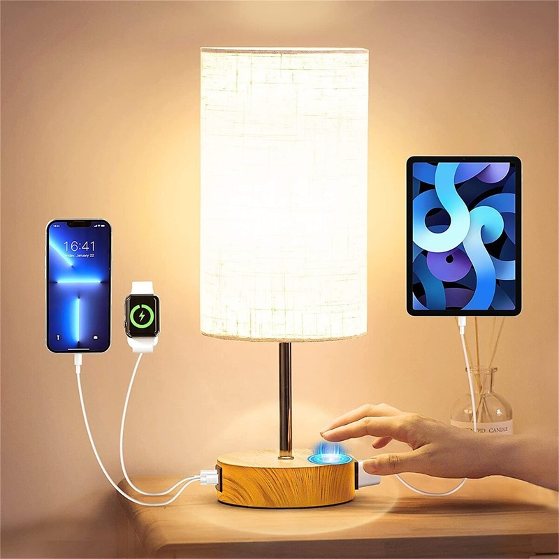 Bedroom Bedside Lamp Touch Control Table Lamp with Linen Fabric Shade