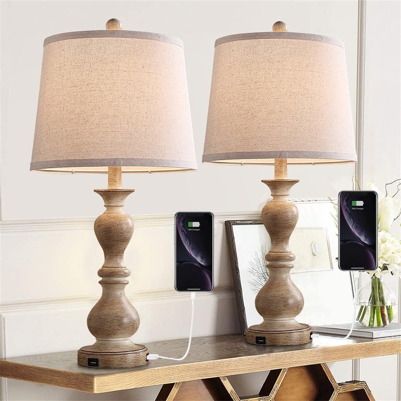 Brown 22" Resin Nightstand Light with 2 USB Ports(Set of 2)