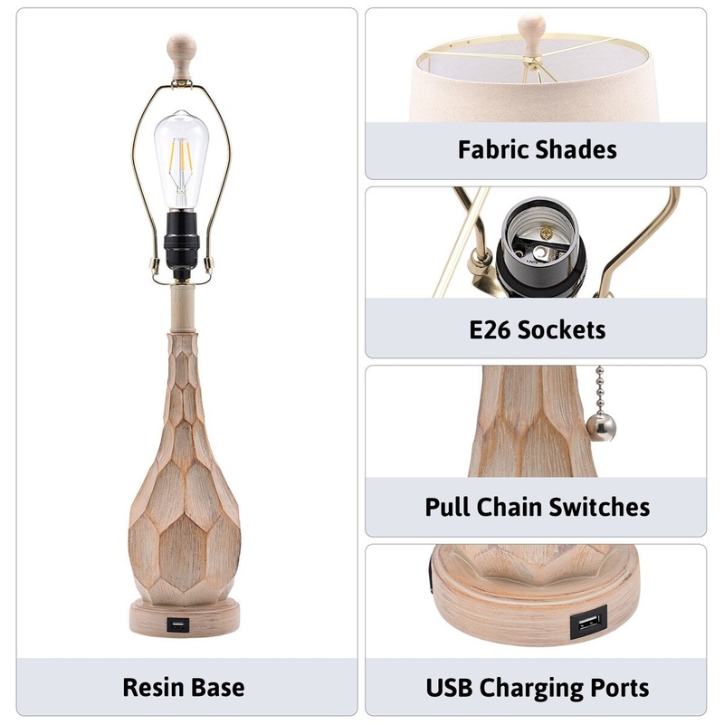 Bedroom Table Lamp Set With USB Port Beige Shade