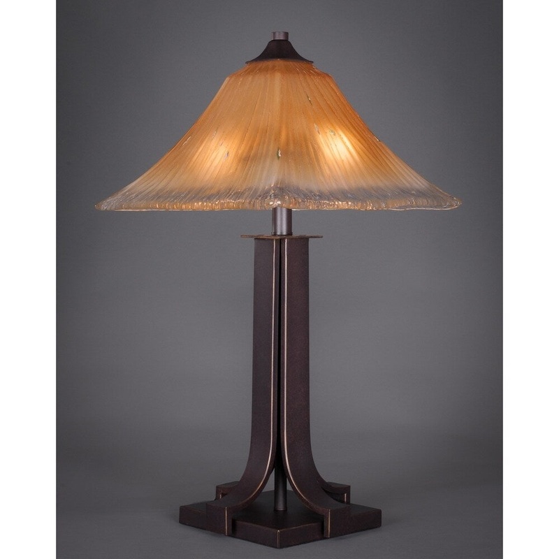 Toltec 2 Light Apollo Table Lamp Shown In Dark Granite Finish With 14" Amber Crystal Glass