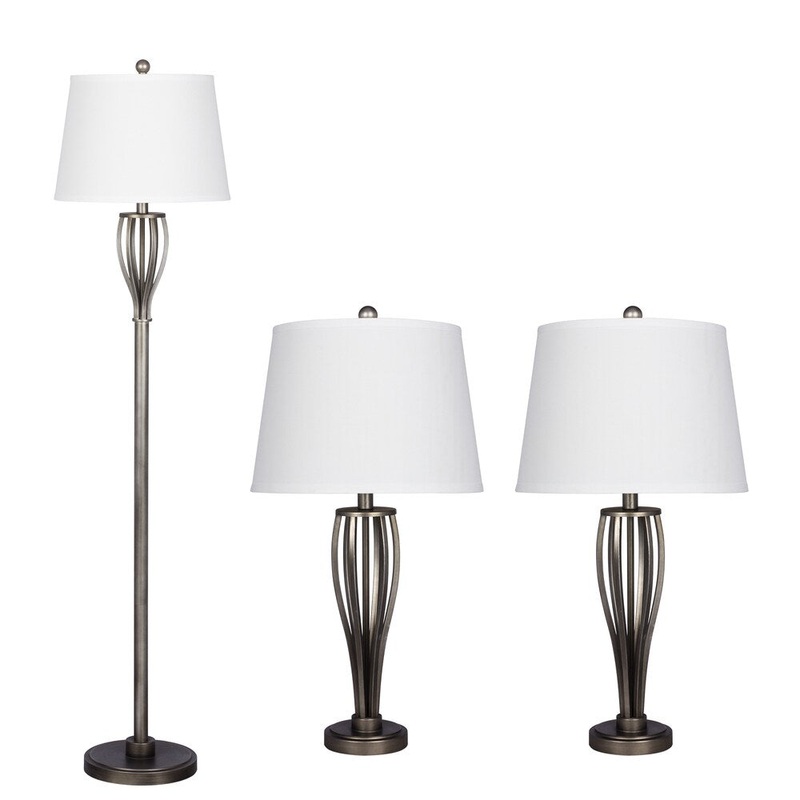 Antique Pewter 3-piece Contour Metal Lamp Set (Includes: 2 Table Lamps & 1 Floor Lamp)