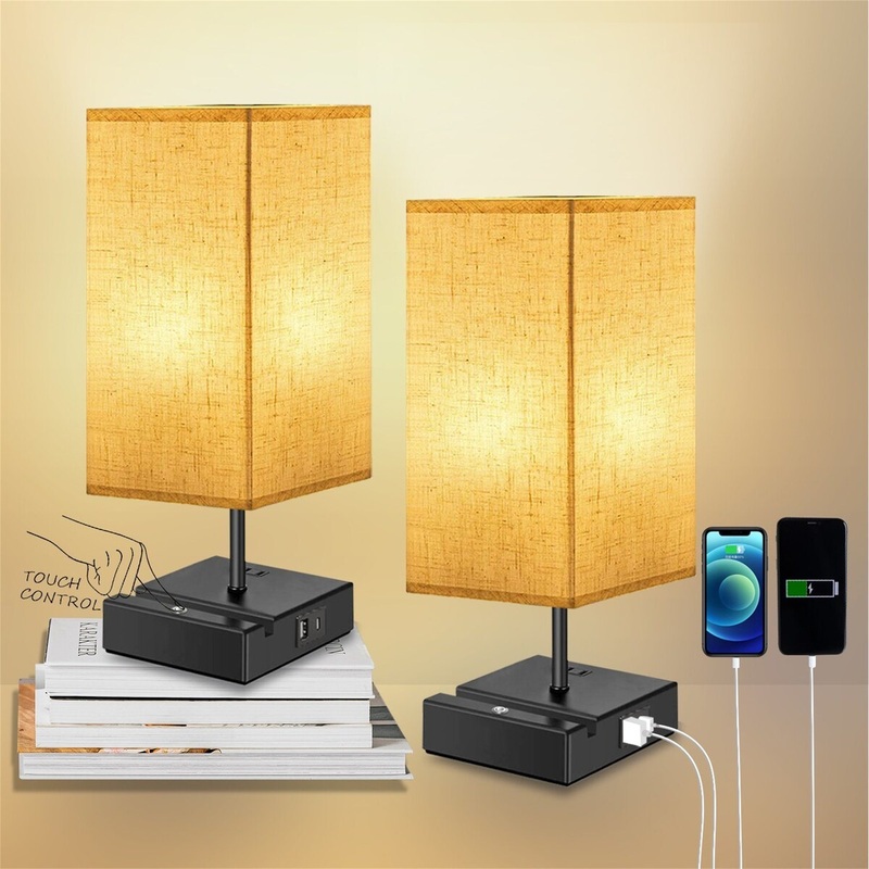 Bedrooms 3-Way Dimmable Bedside Lamp with Port and Outlet(Set of 2)