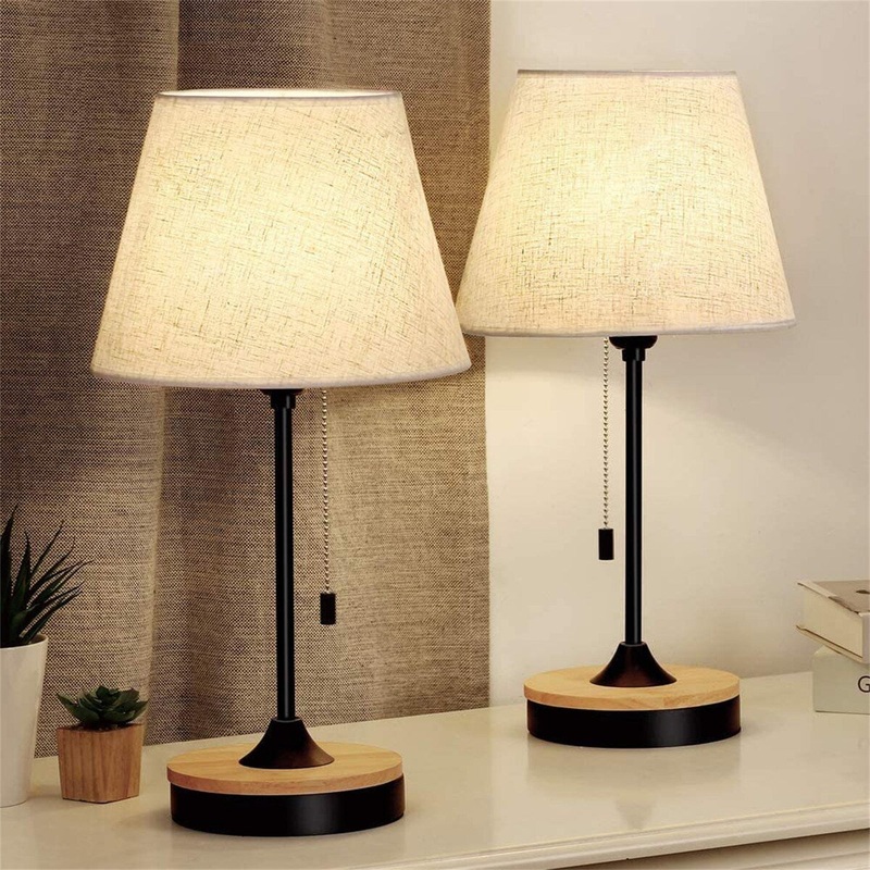 Set of 2 Wood Desk Lamps Black Bedside Lamps