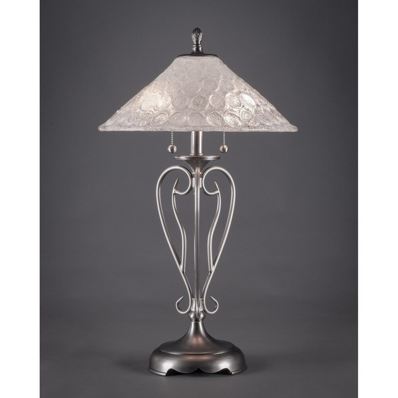 Toltec Olde Iron 2 Light Table Lamp Shown In Brushed NIckel Finish With Glass Shade
