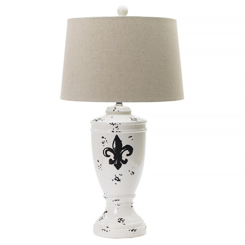Shabby Eggshell Fleur De Lis 30.5-inch Ceramic Table Lamp
