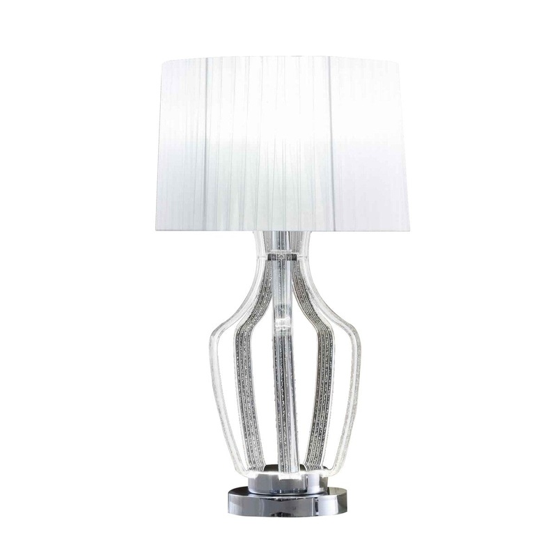 Acrylic Table Lamp with Fabric Shade and Vase Support, Clear and Chrome