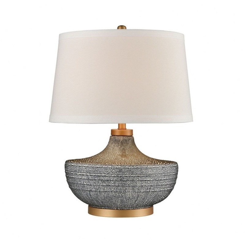 Blue Bubble Glaze Matte Brushed Gold Table Lamp Made Of Earthenware And Metal With A White Linen Fabric Shade With A 3-W