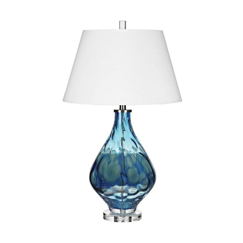 Blue Gourd Table Lamp Made Of Crystal And Glass With A White Fabric Shade With A 3-Way Switch Blue Finish with White F