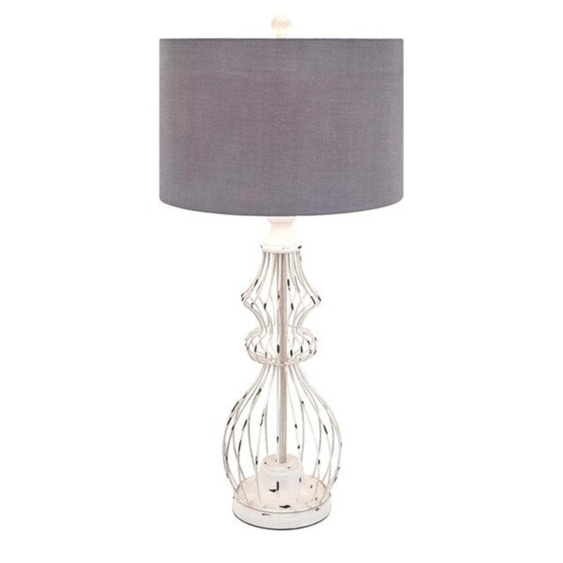 Caged Design Iron Structured Lamp with Linen Shade, Gray and White