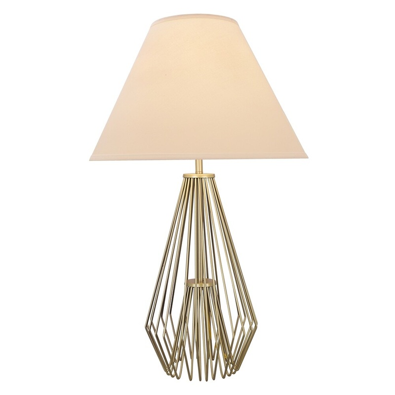 Caged Pattern Metal Table Lamp with Flared Empire Shade, Beige and Golden