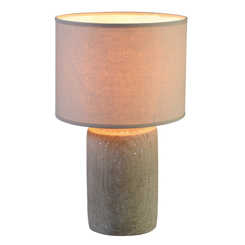 Cement Round Table Lamp with Embossed Details, Beige and White
