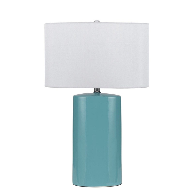 Ceramic Table Lamp with Cylindrical Body and Drum Shade, Blue and White