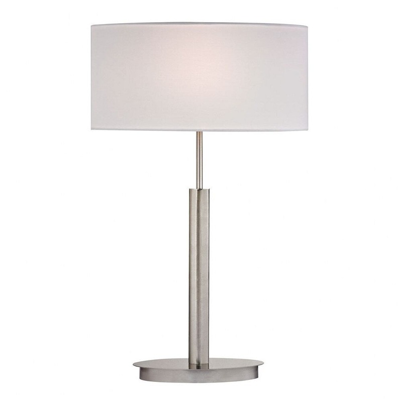 Satin Nickel Buffet Table Lamp Made Of Metal With A White Faux Silk
