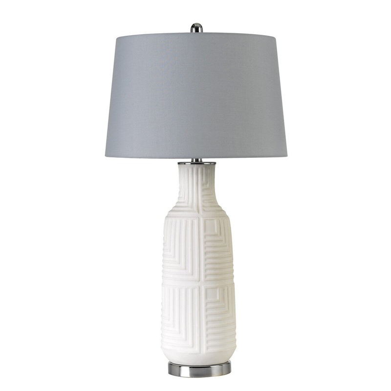 Textured Ceramic Table Lamp with Brushed Round Metal Base, White