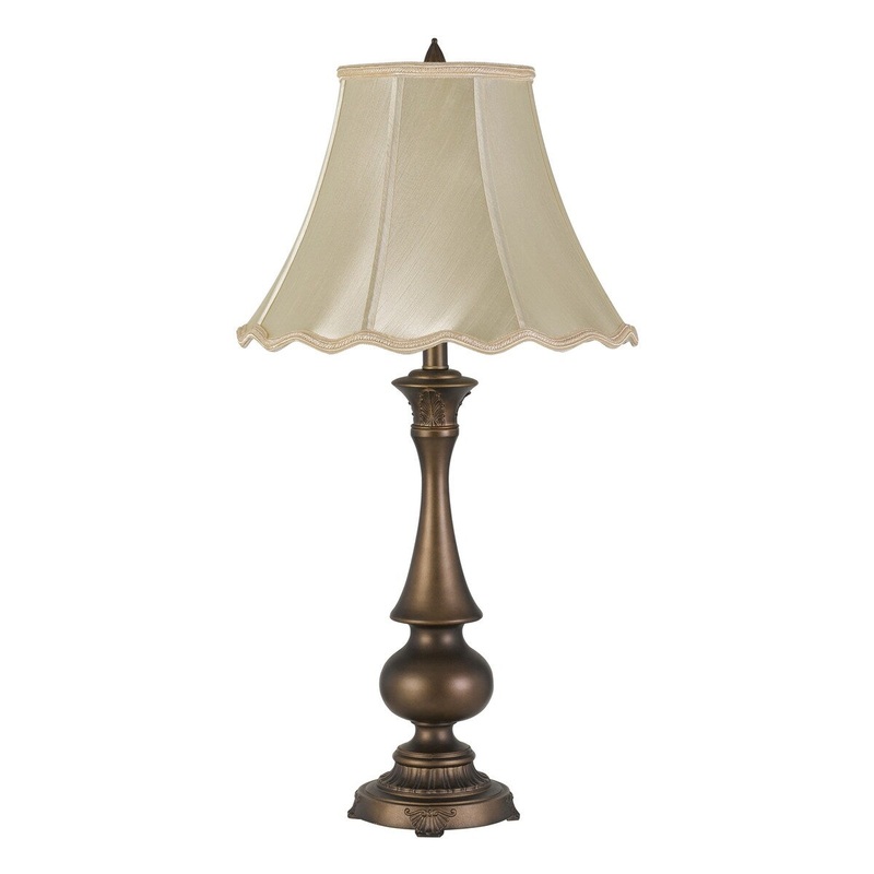 Turned Pedestal Stand Metal Table Lamp with Scalloped Shade, Antique Brass