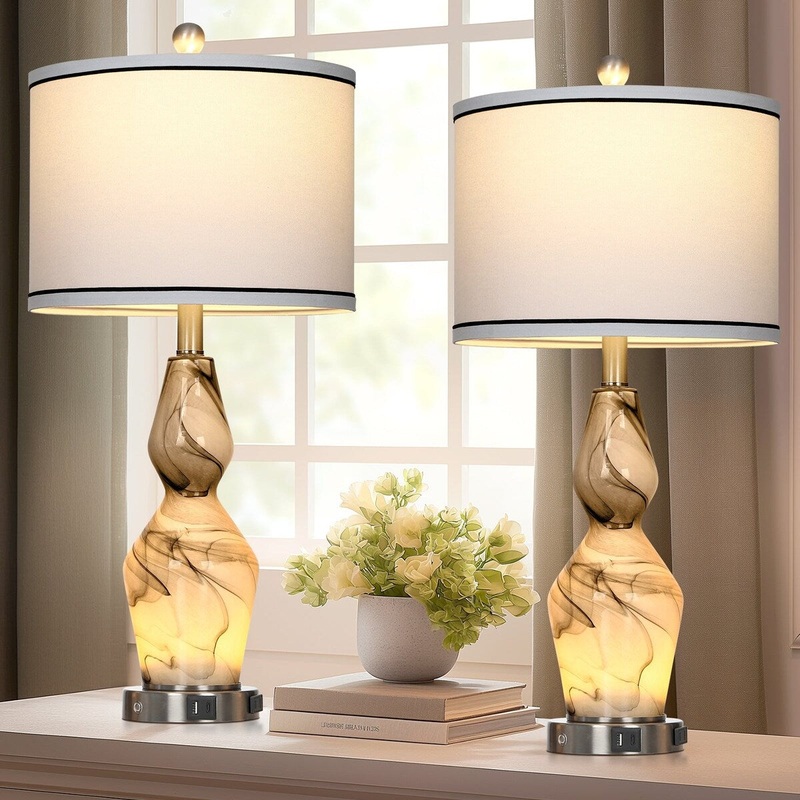 Art Glass Nightlight Table Lamp 2in1 with Ink Texture (Set of 2) - 12'' x 12'' x 26.5'' (L x W x H)