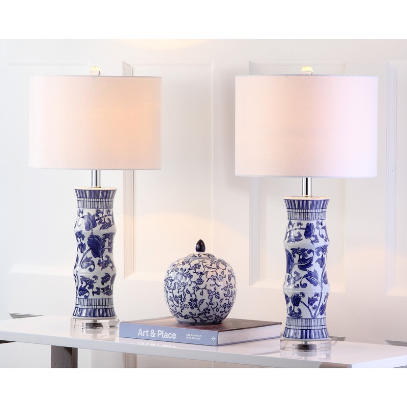 SAFAVIEH Lighting Mindi 29-inch White/ Blue Table Lamp (Set of 2) - 14"x14"x27.5" - 14Wx14Dx28H