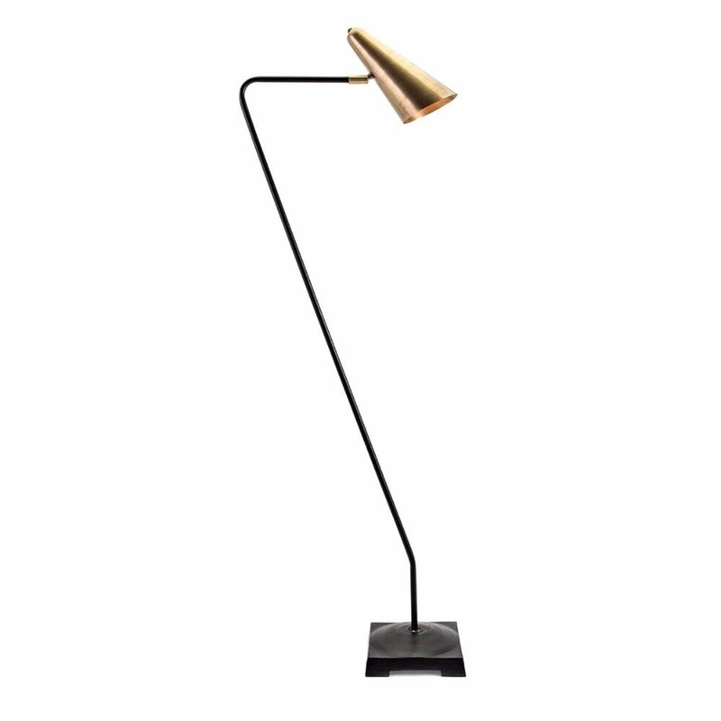 Striking Brass Shade Floor Lamp with Sleek Iron Rod and Base, Gold and Black
