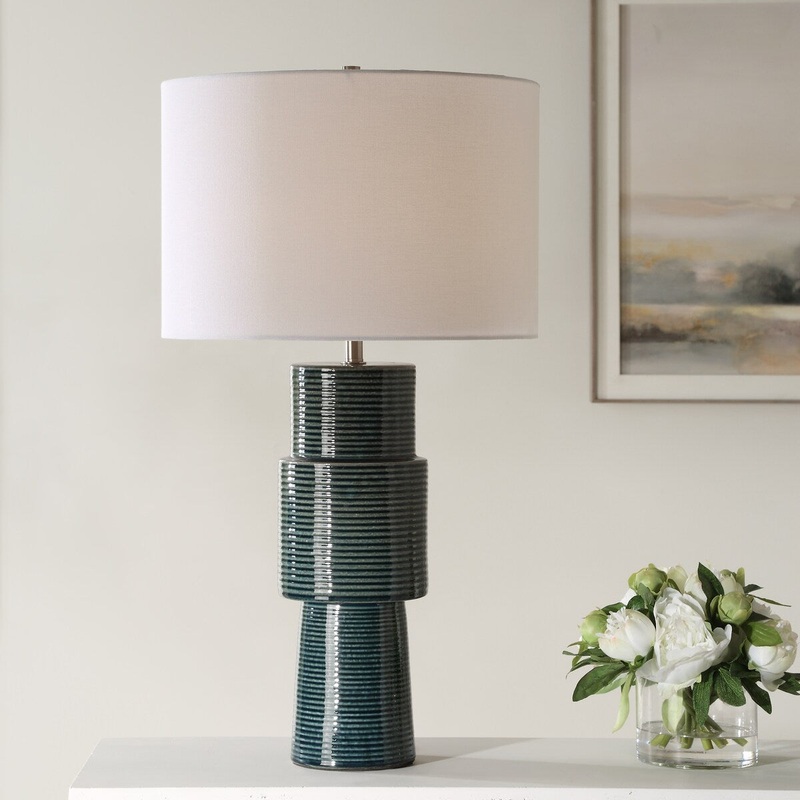 Strick & Bolton Teal Ceramic Table Lamp with Ribbed Texture and Linen Shade - 15 x in x 15 x in 28