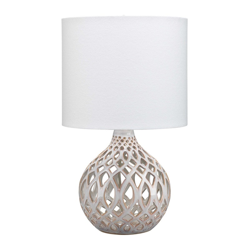Table Lamp with Ceramic Bellied Body and Fretwork Pattern, White