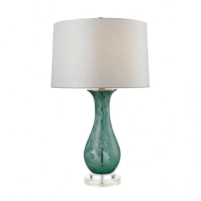 Aqua Swirl Gourd Table Lamp Made Of Acrylic And Glass With A Pure White Faux Silk Shade With A - Aqua Swirl