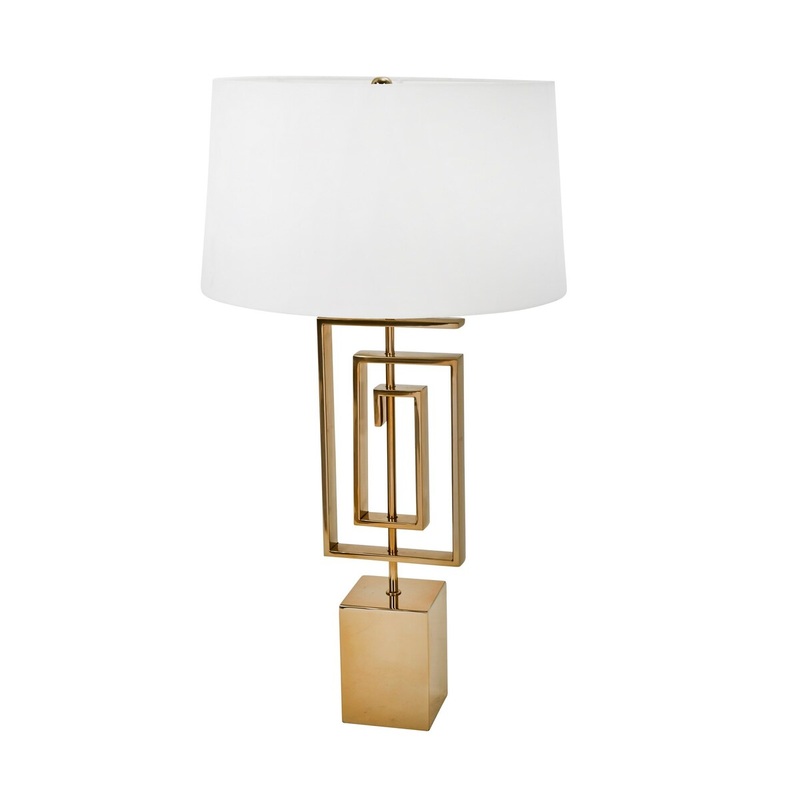 Block Base Geometric Metal Table Lamp with Shallow Tapered Drum Shade, Gold