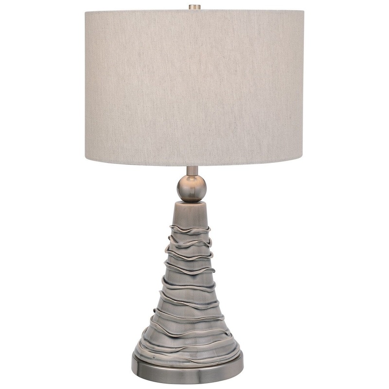 Ceramic Flared Pedestal Table Lamp with Wavy Pattern, Gray