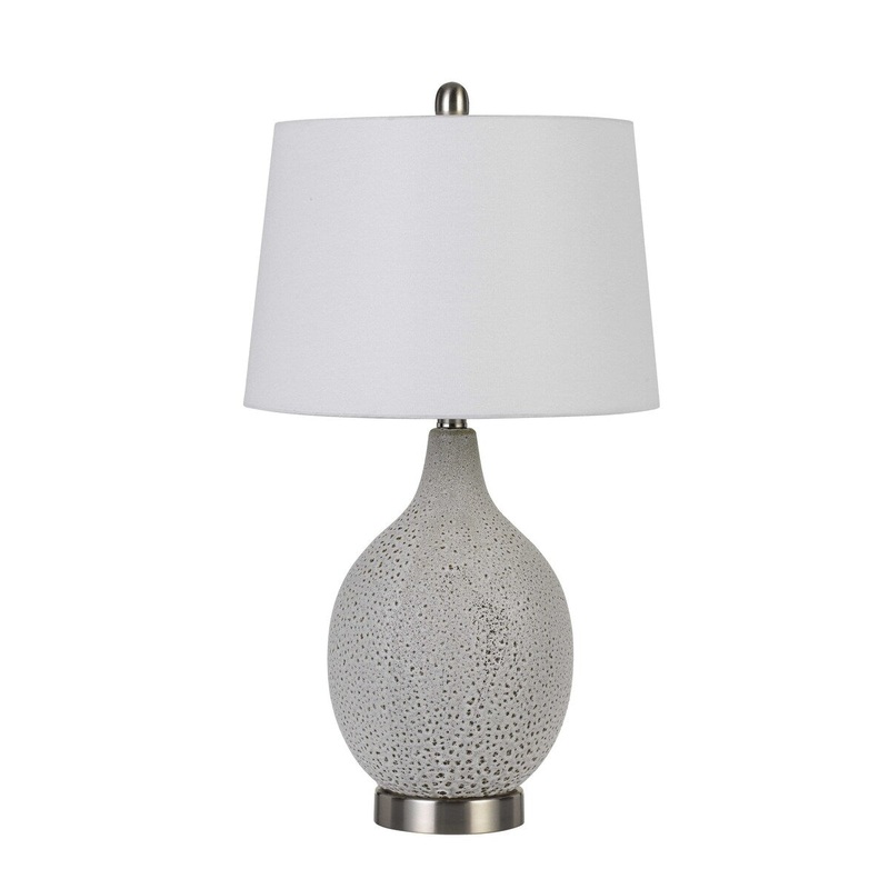 Textured Ceramic Table Lamp with Round Base, White and Chrome