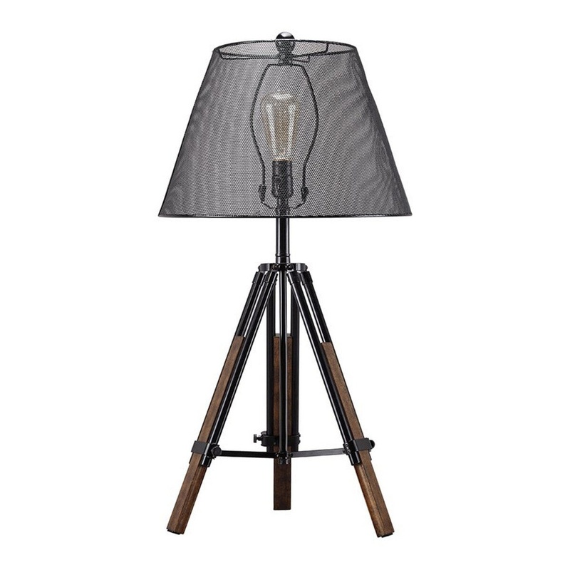 Adjustable Height Table Lamp with Conical Metal Mesh Shade, Brown and Black