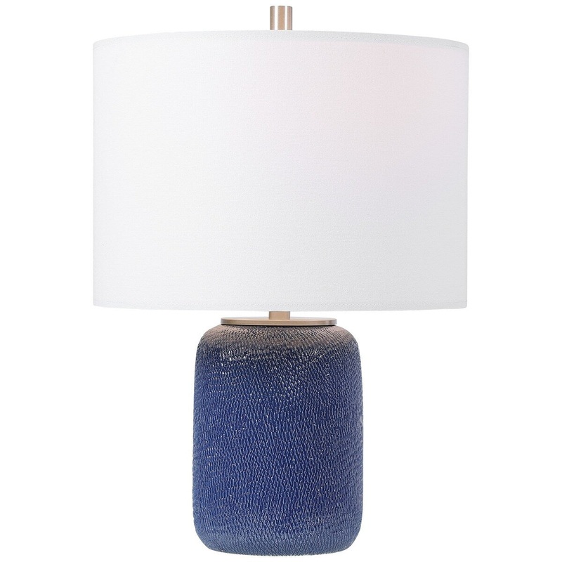 Ceramic Round Bellied Shape Table Lamp with Textured Detail, Blue